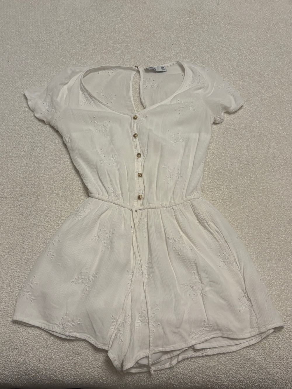 Hollister White Short Sleeve Button Romper with Waist Tie